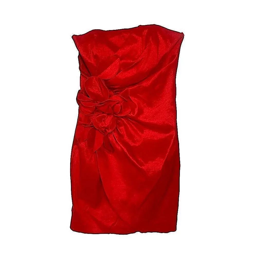 CACHE Red Strapless Ruched Pleated Flower Appliqué Detail Cocktail Mini Dress